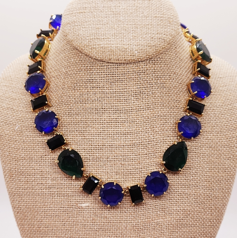 Vintage J. Crew Necklace Brulee Blue and Green Rhinestones - Picture 2 of 5